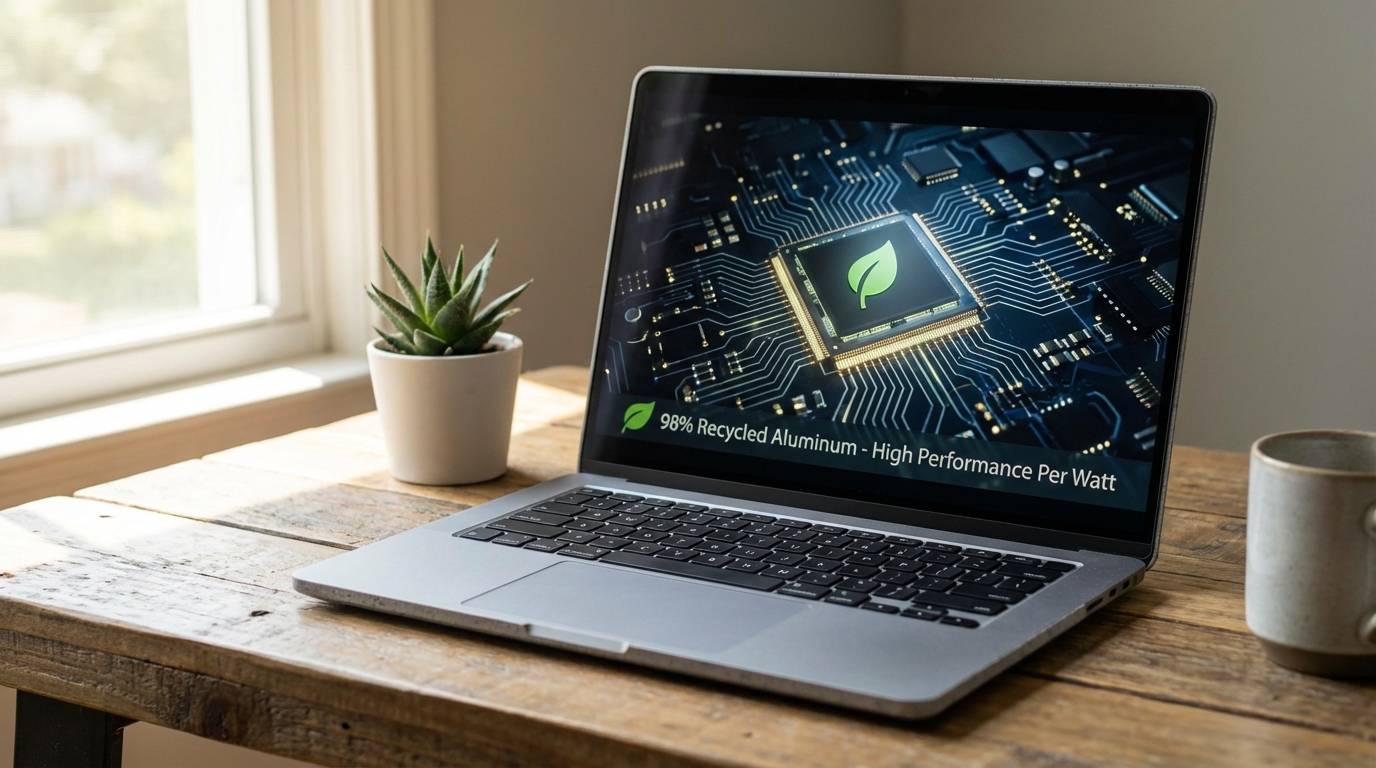 Conceptual art showing a computer chip merging with organic leaf patterns to represent energy efficiency.