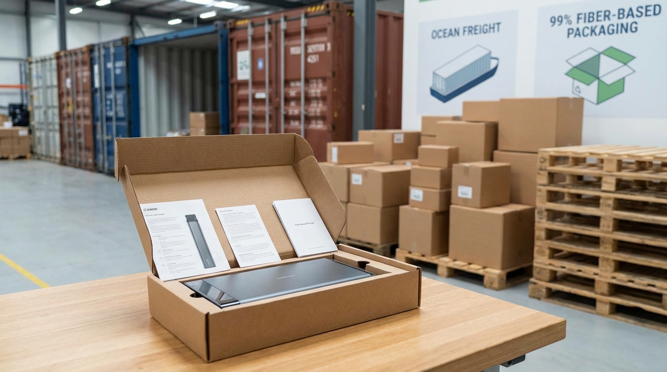 Modern automated factory assembly line building laptops powered by renewable solar energy.