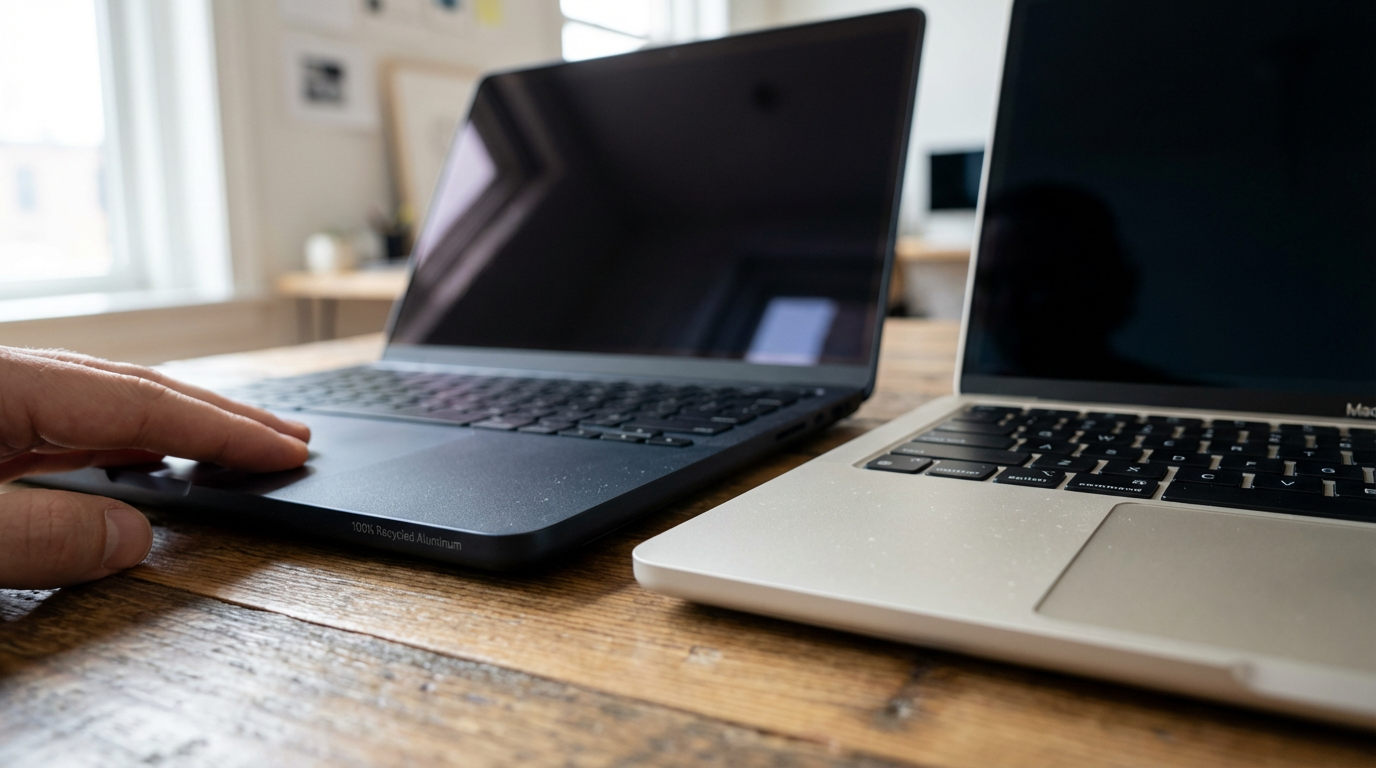 Creative professional working on a sustainable Mac in a bright, eco-friendly coffee shop.