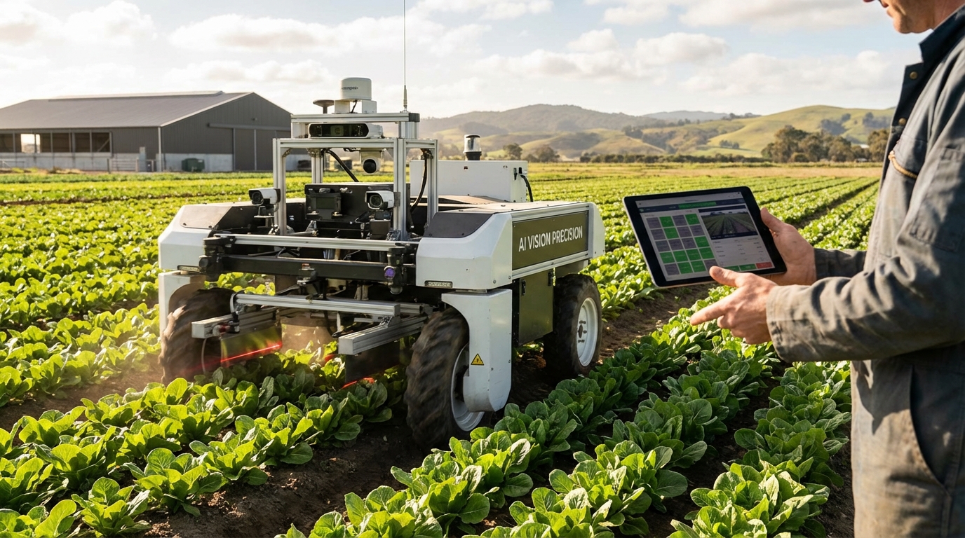 AI vision precision agriculture tractor scanning field for weeds at sunset