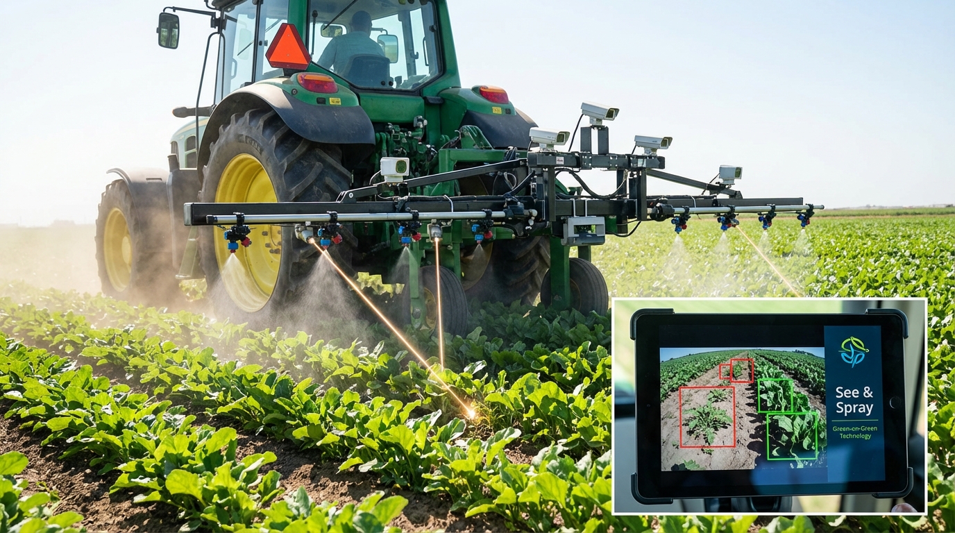 Macro shot of robotic weeding arm identifying a weed in a cornfield