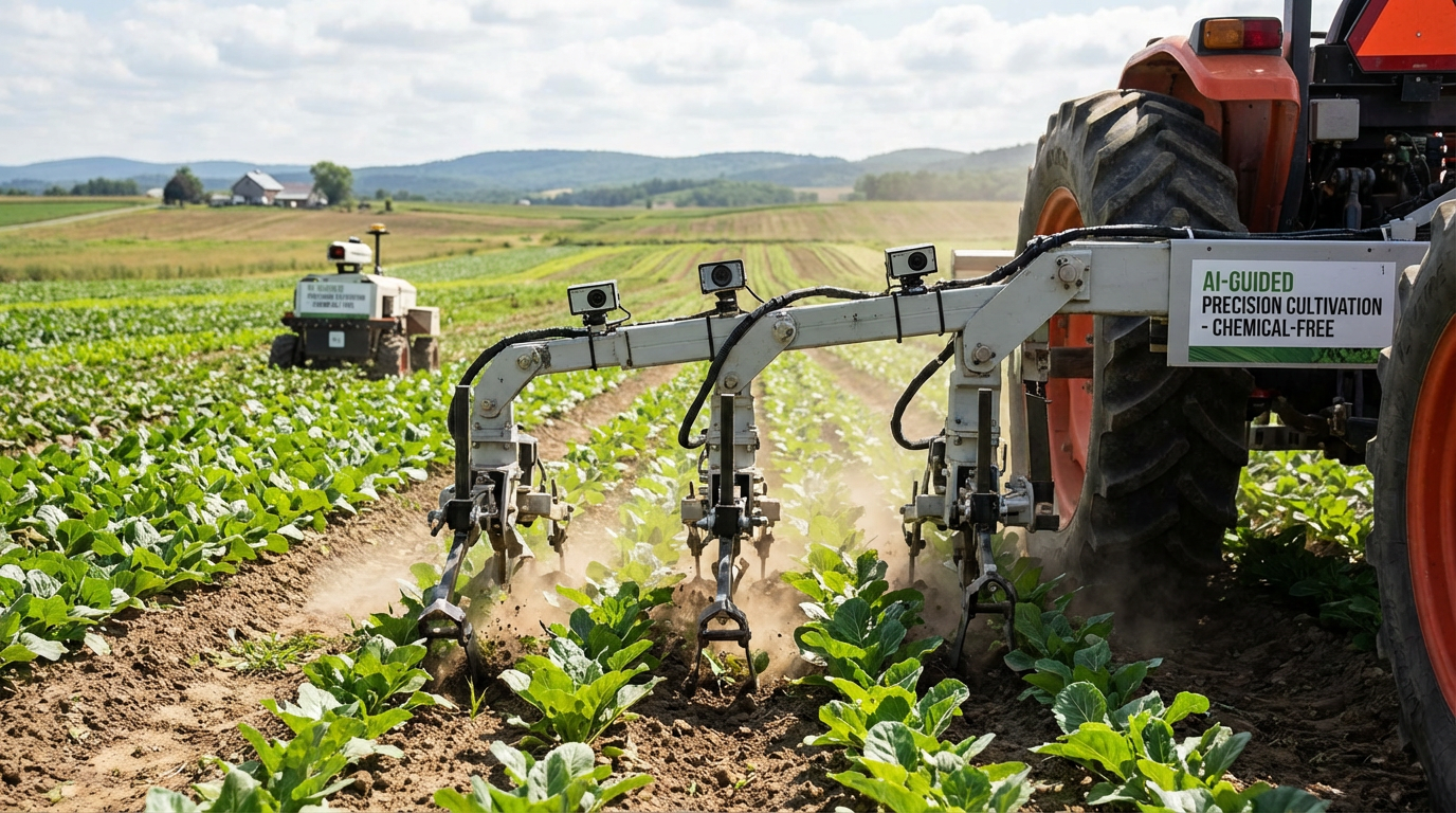Laser weeding robot zapping weeds in a lettuce field using AI vision