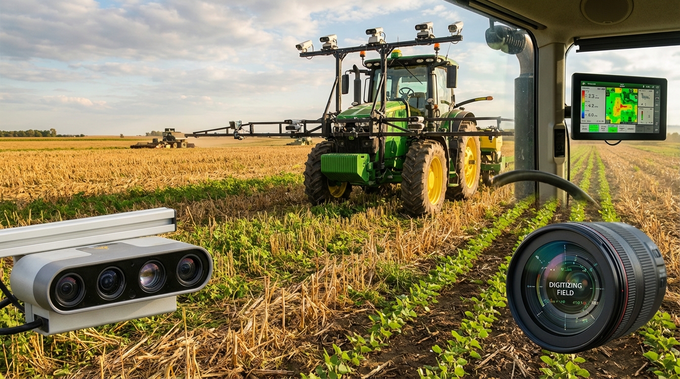 Farmer using augmented reality tablet to view field data analytics