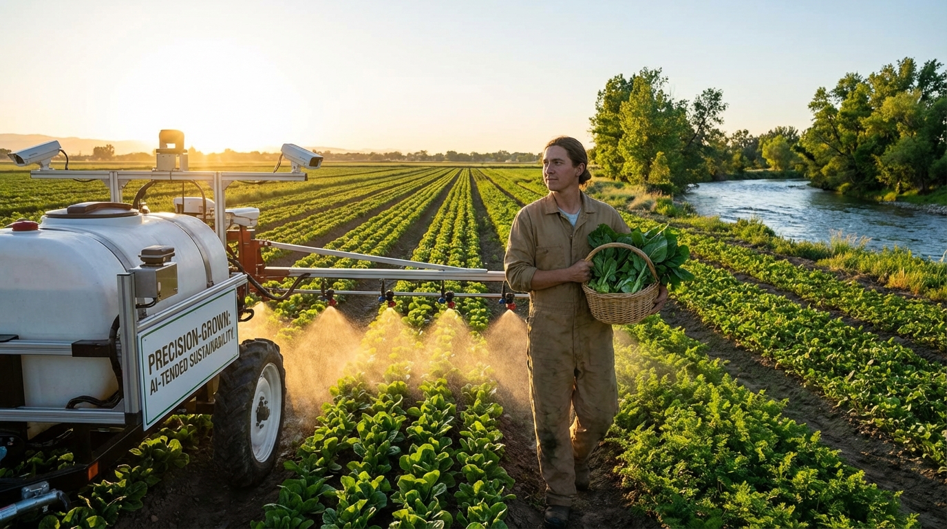 Autonomous farm machinery working next to a clean river ecosystem