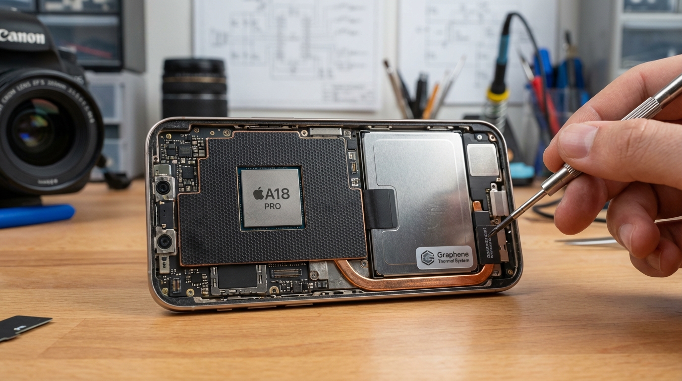 Artistic rendering of the Apple A18 chip with graphene thermal cooling
