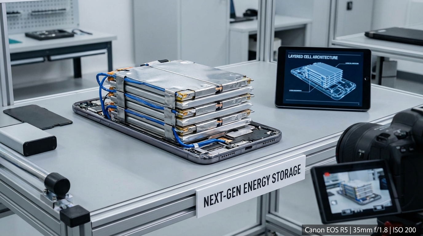 Internal cutaway of iPhone 16 showing stacked battery technology