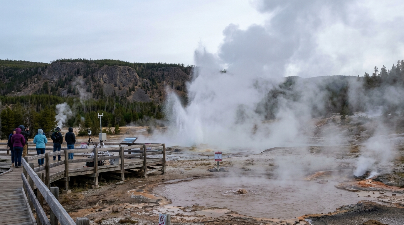 Massive eruption of an acidic geyser in Yellowstone National Park causing steam to rise above the tree line.