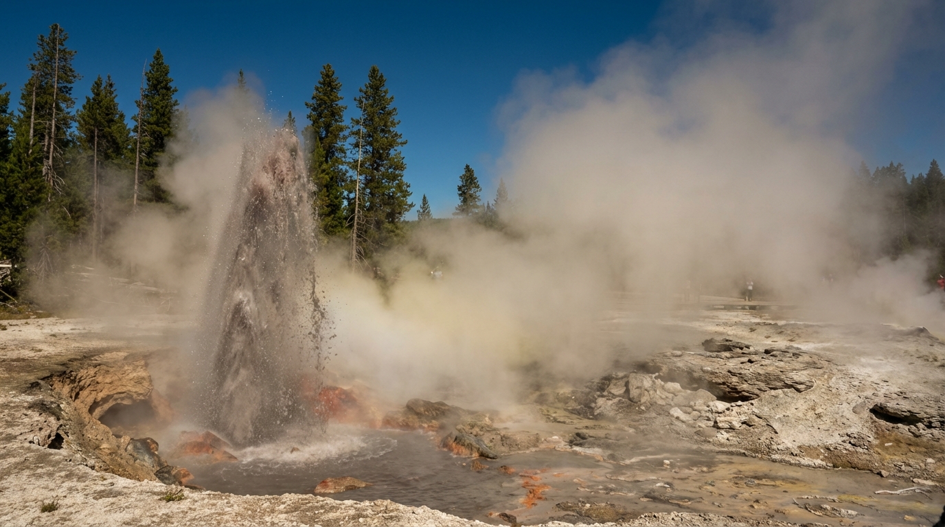 Low angle view of a powerful, murky geyser eruption against a clear blue sky.