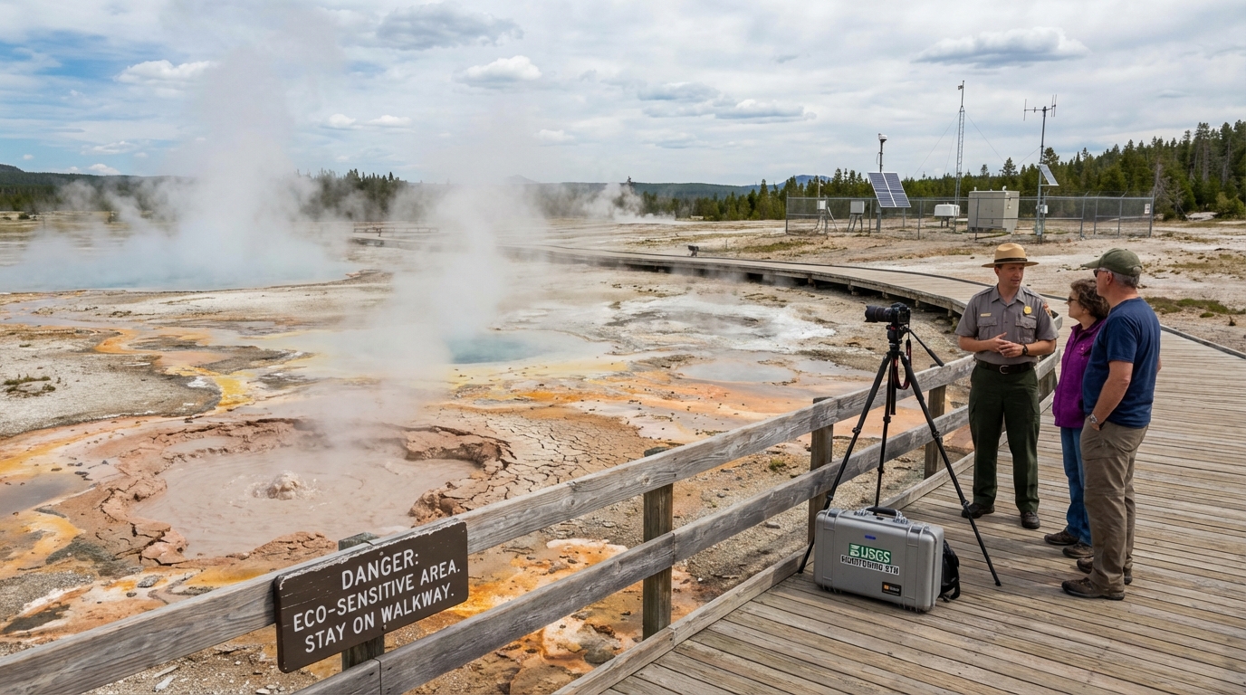 Park ranger and geological equipment monitoring seismic activity near a steam vent.