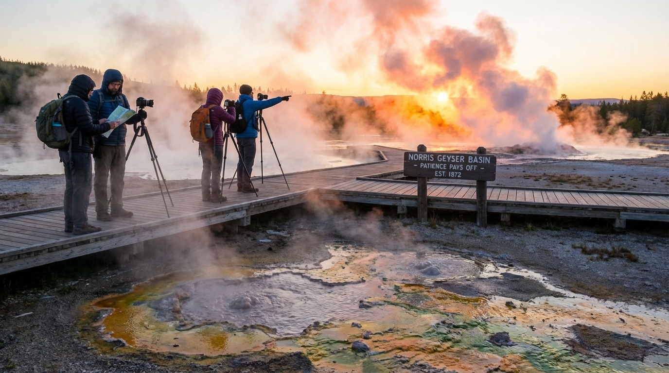Panoramic twilight view of the Norris Geyser Basin with multiple steam vents active.