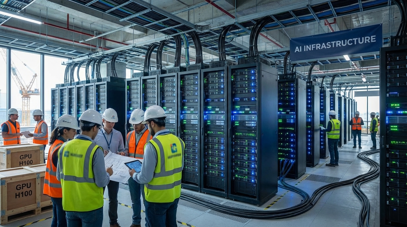 Interior of a massive hyperscale data center with endless rows of high-tech server racks.