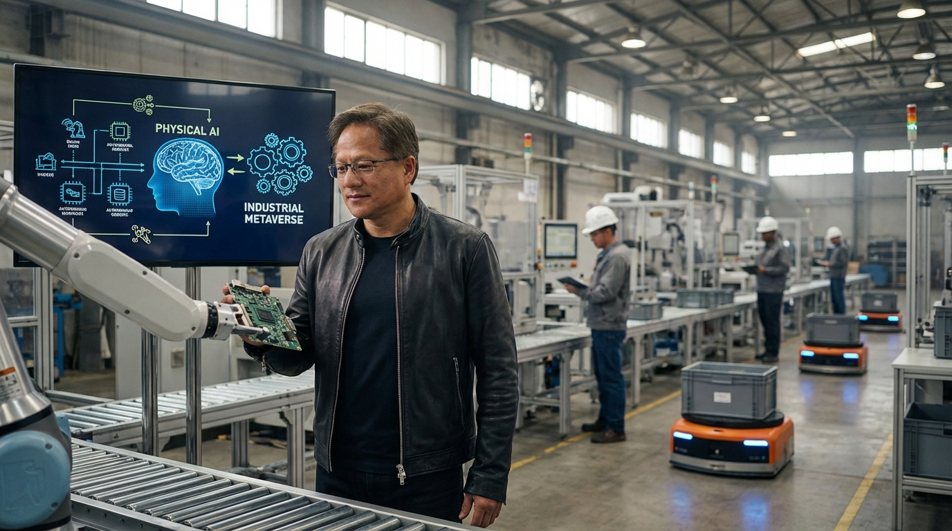 Futuristic factory with humanoid robots and human engineers working together with holographic data overlays.