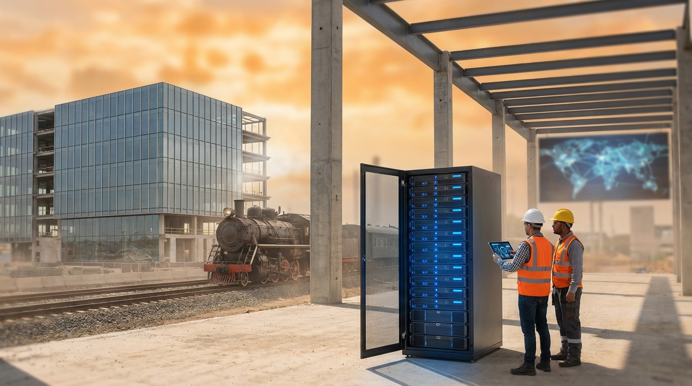 Metaphorical digital sunrise over a landscape made of computer circuit boards.