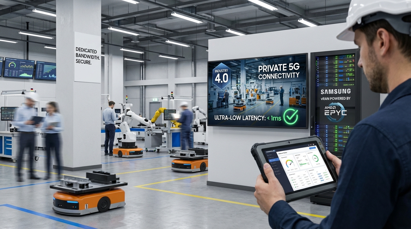 Interior of a smart factory with robotic arms and holographic data displays