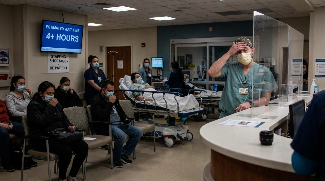 Busy hospital corridor depicting strain on healthcare workers