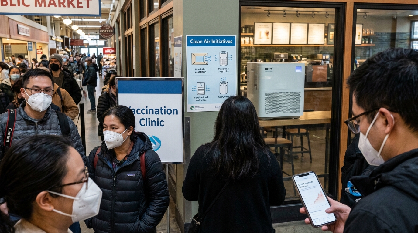 Community members practicing safety measures outdoors