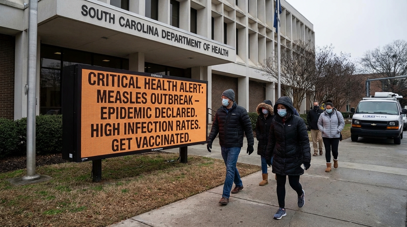 South Carolina map on medical monitor showing red danger zones indicating measles epidemic