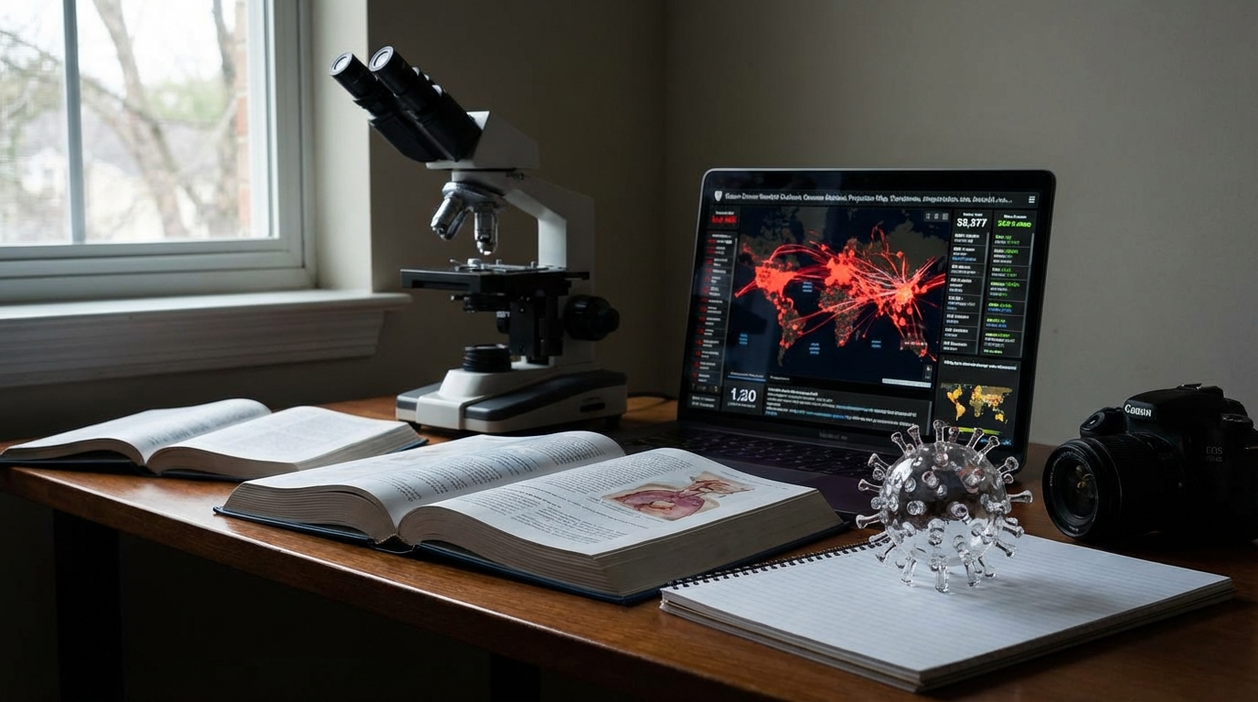 Microscopic view of the measles virus with a background visualization of rapid human-to-human transmission