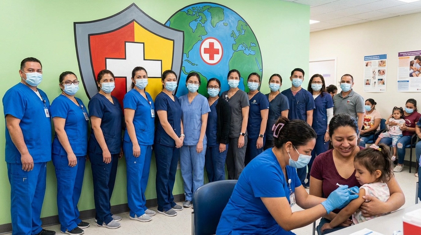 Healthcare worker preparing an MMR vaccine dose in a sterile clinic environment