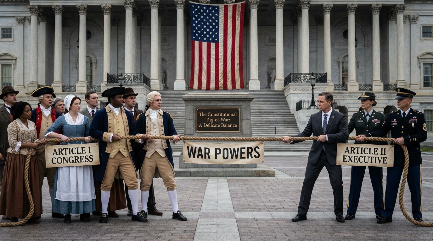 Scales of justice weighing the Constitution against a military sword, representing the balance of power.