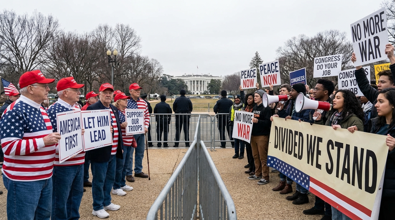 Split image showing protesters on one side and supporters on the other, representing public division.