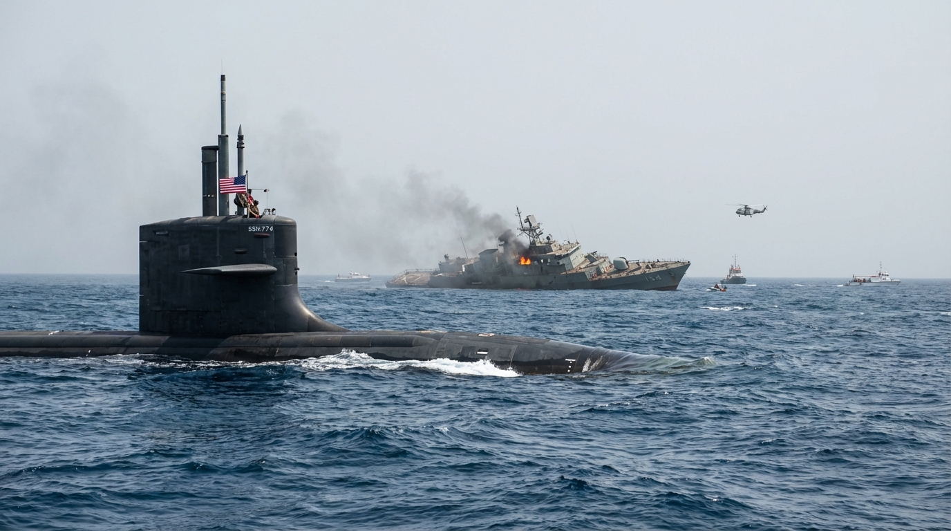 Underwater view of a US Navy Virginia-class submarine patrolling deep waters