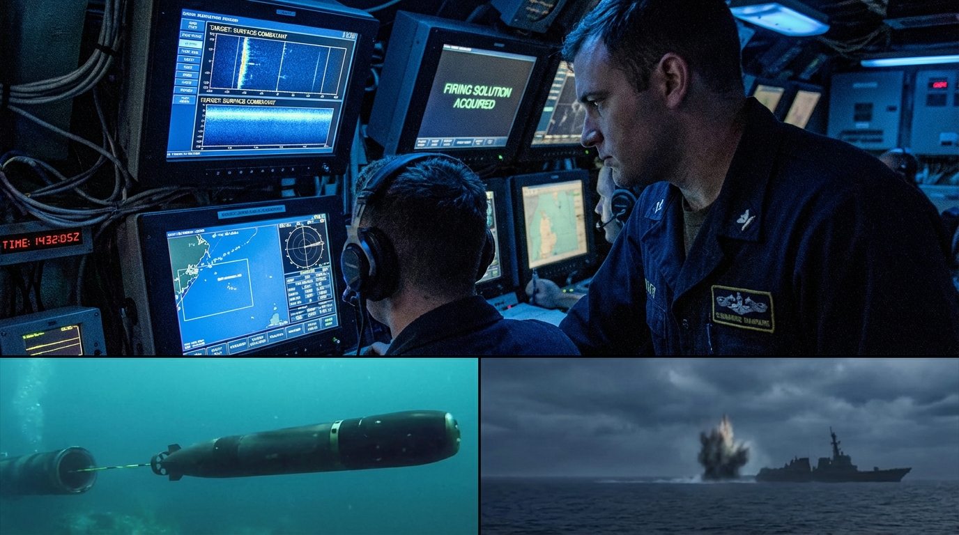 Mark 48 ADCAP torpedo moving underwater toward a target