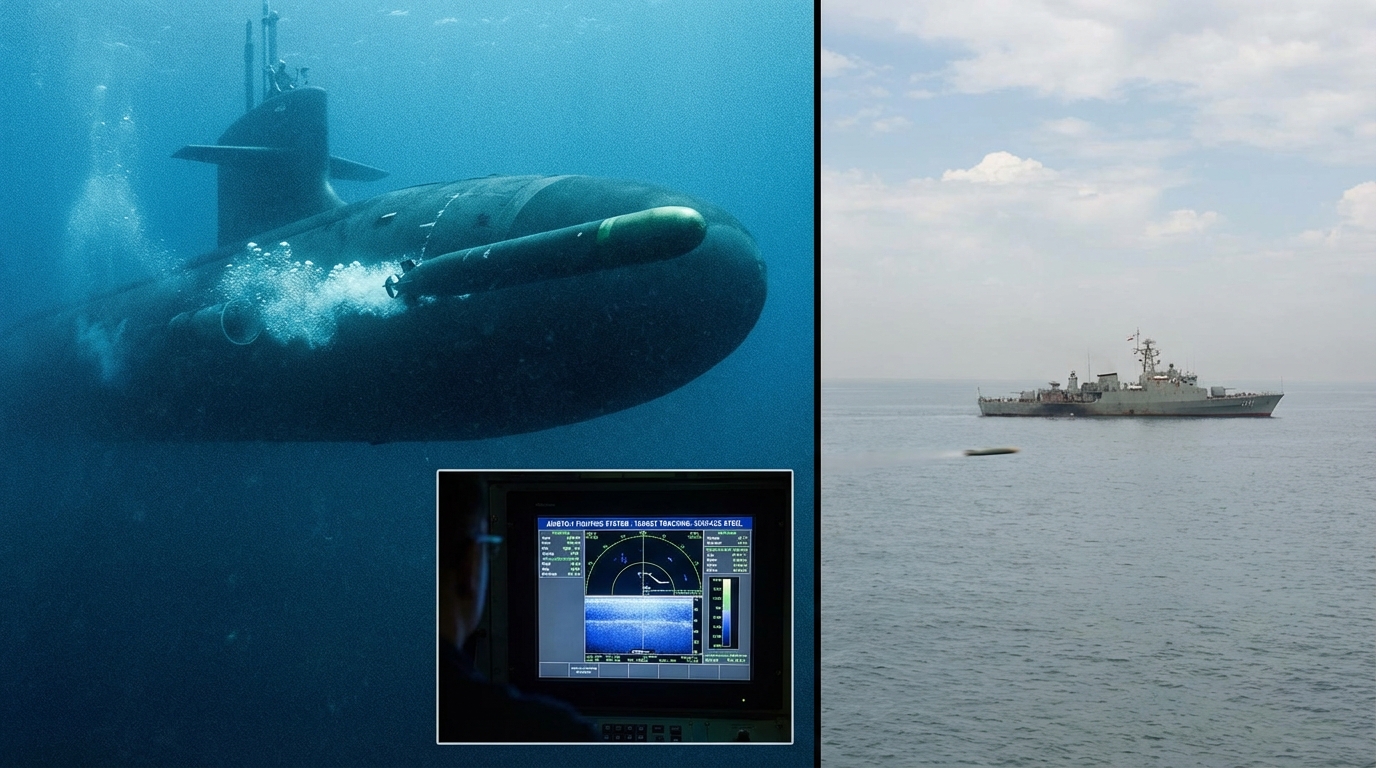 Contrast between submarine control room and surface warship at night
