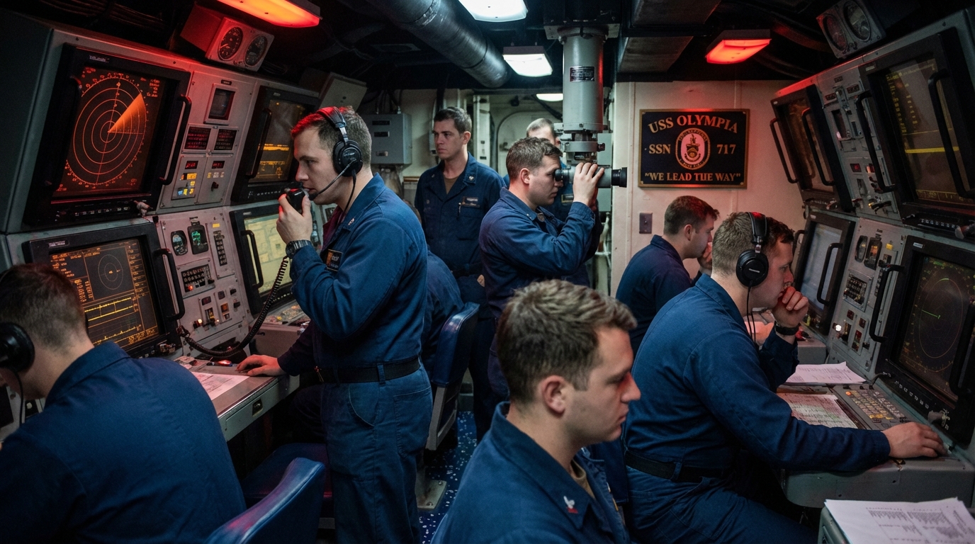 Submarine periscope breaking the surface at sunset