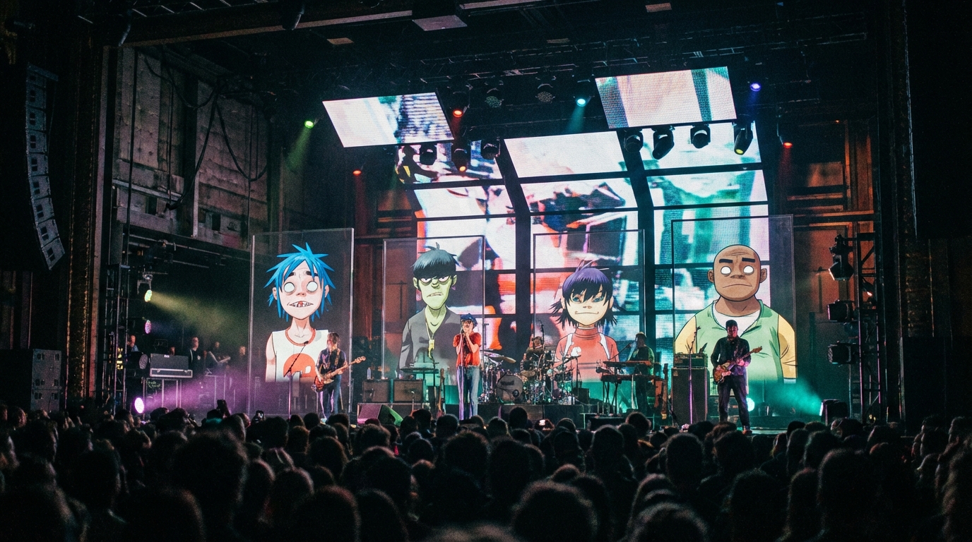 Gorillaz animated band members standing on the Saturday Night Live stage set ready for performance