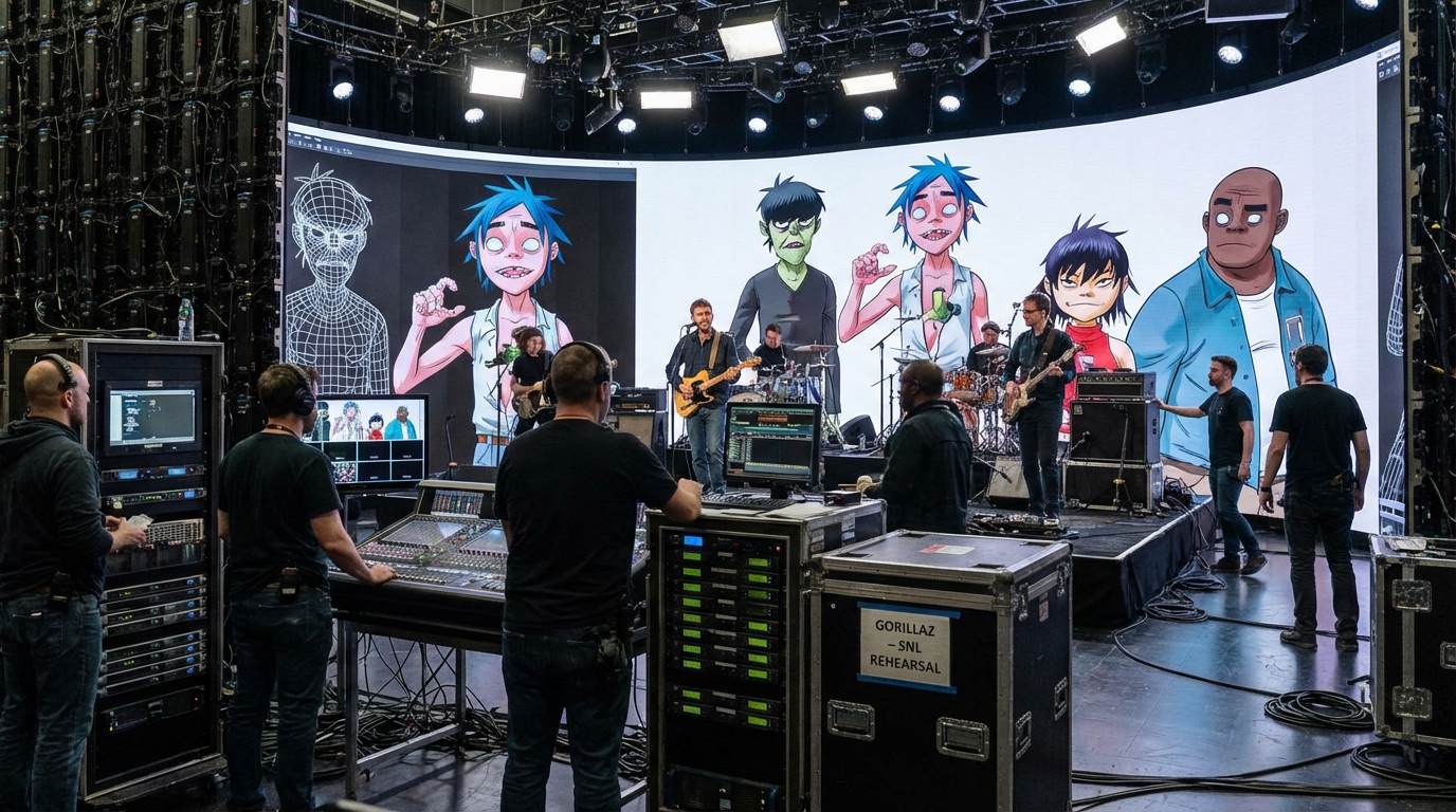 Damon Albarn performing live on stage next to a holographic projection of Gorillaz character 2D