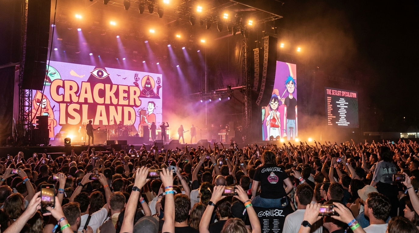 Noodle from Gorillaz playing guitar with neon lighting inspired by Cracker Island album art