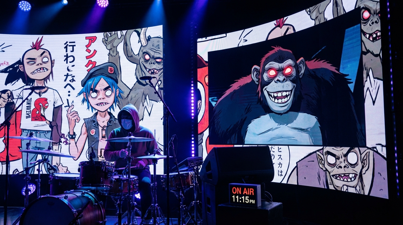 TV studio control room monitors displaying camera feeds of a Gorillaz mixed-media performance