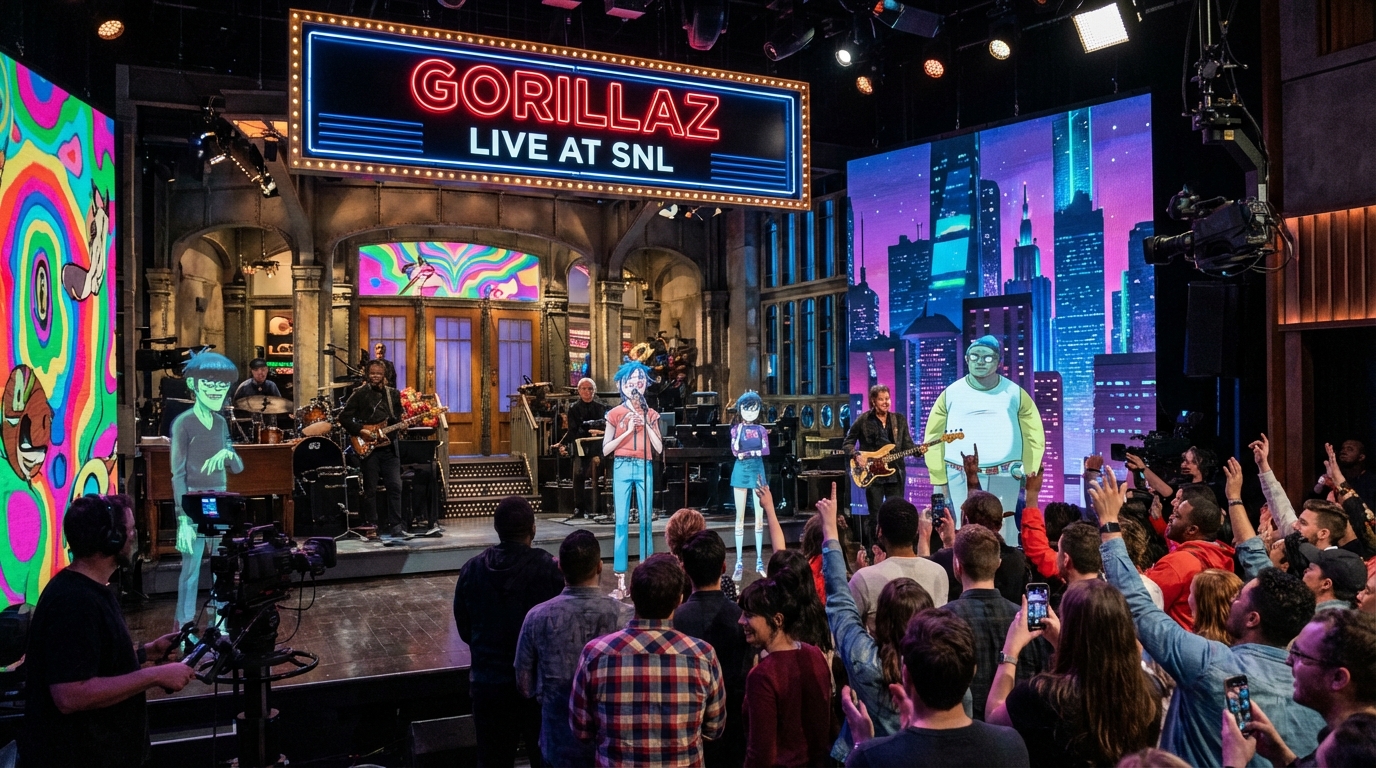 Vintage television screen displaying the Gorillaz logo in a retro living room setting