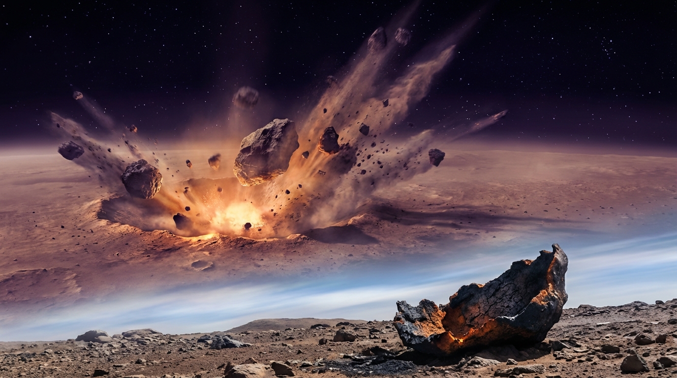 Cross-section of a meteorite in space revealing protected microbes inside crevices.