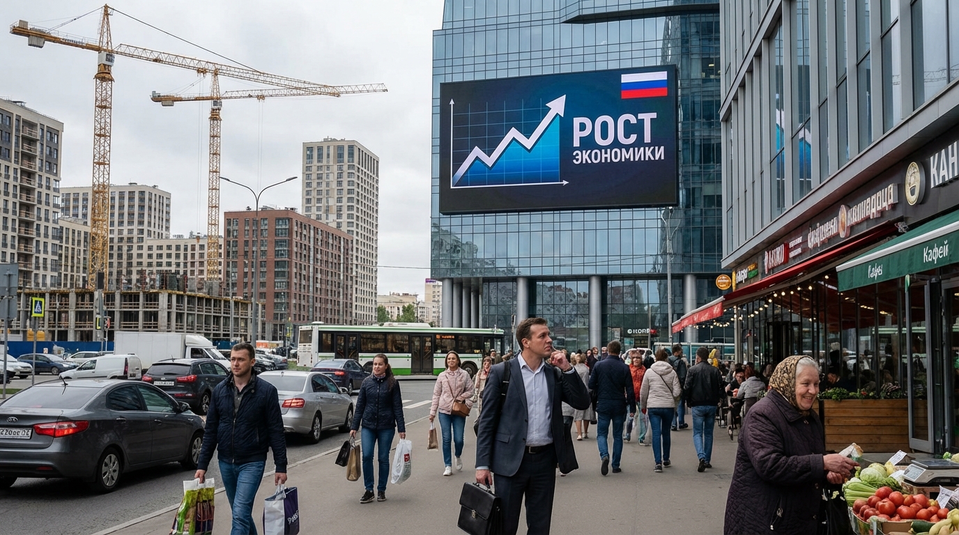 Moscow business skyline with a bronze bear statue in the foreground symbolizing economic resilience against a stormy background