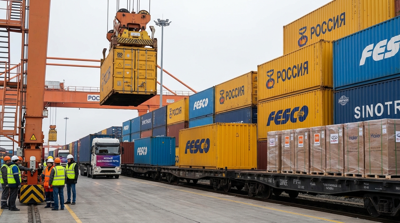 Aerial view of a busy cargo port showing trade containers moving between Russia and Asian partners