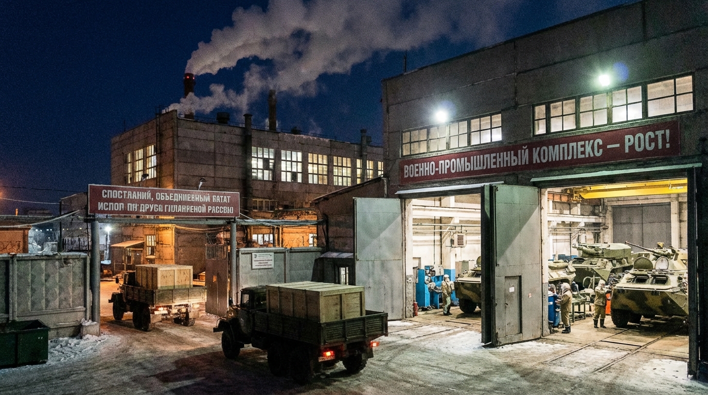 Interior of a high-tech manufacturing plant with workers and welding robots operating at full capacity