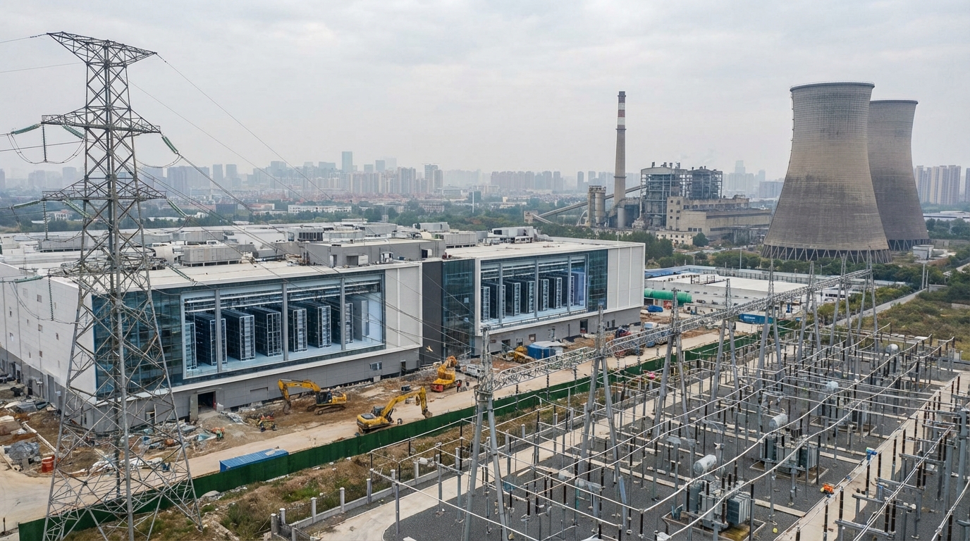 Aerial view of a futuristic hyperscale data center at dusk with power lines stretching into the distance.