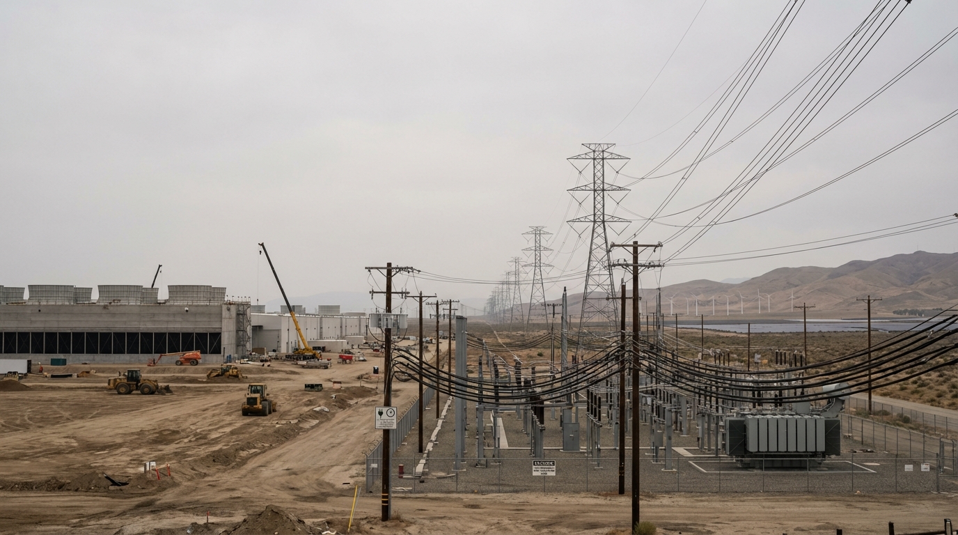 Electrical engineer inspecting a complex and aging high-voltage power grid under a stormy sky.