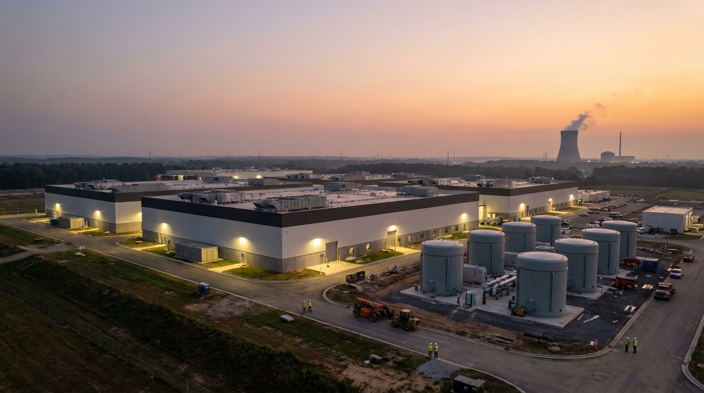 Concept art of a modern Small Modular Reactor (SMR) located next to a data center facility surrounded by nature.
