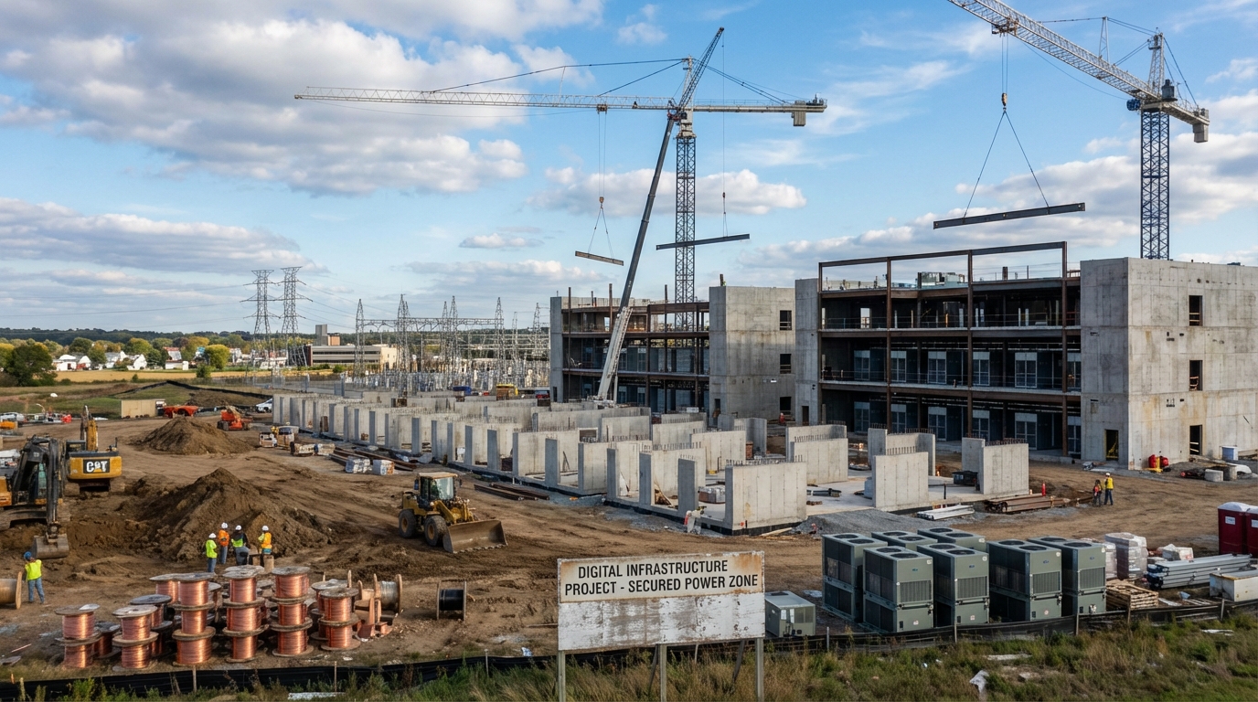Construction site of a new data center with a subtle digital growth chart overlay representing economic investment.