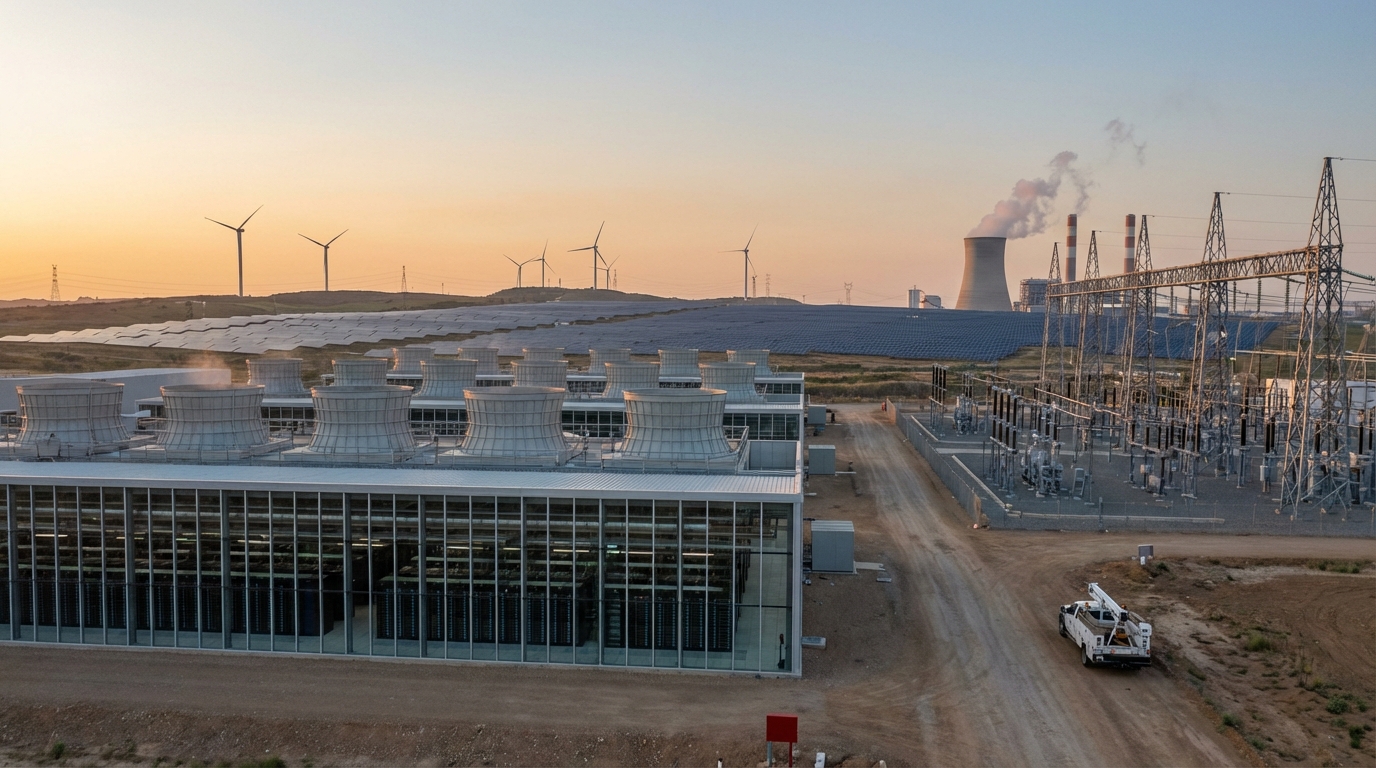 Macro photography of fiber optic cables and electrical wires intertwining, symbolizing the connection between data and power.
