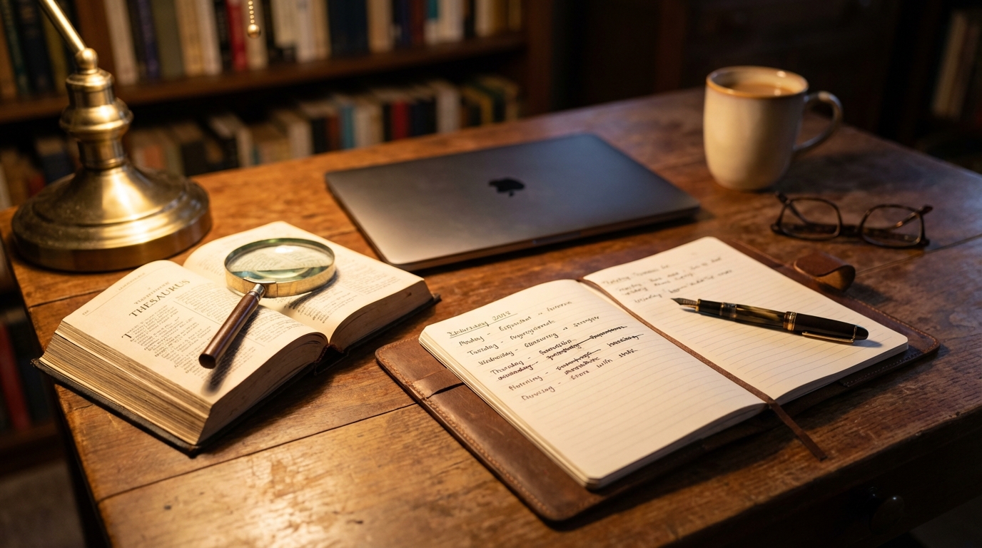 A content writer realizing the power of synonym swaps on a laptop in a cafe