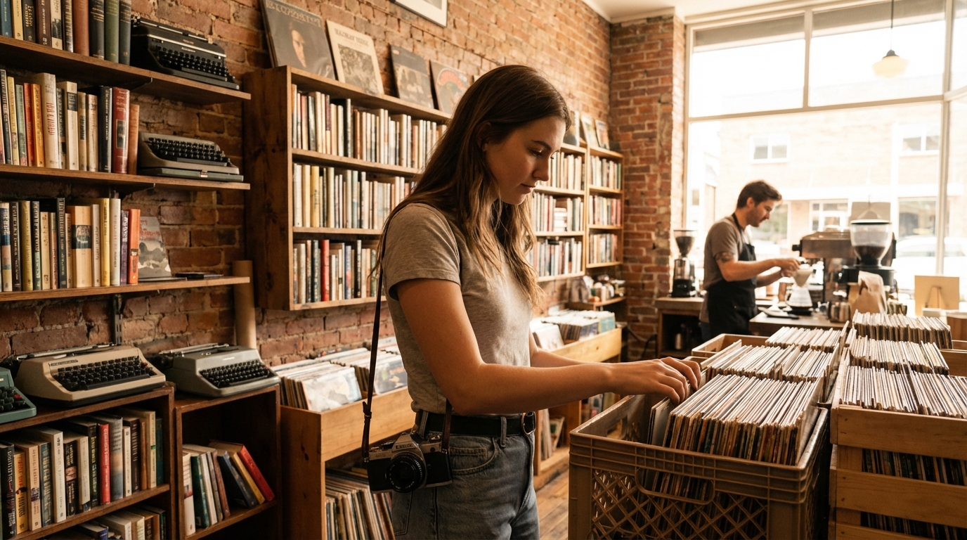 Hands typing on a vintage typewriter with modern tech pushed to the background
