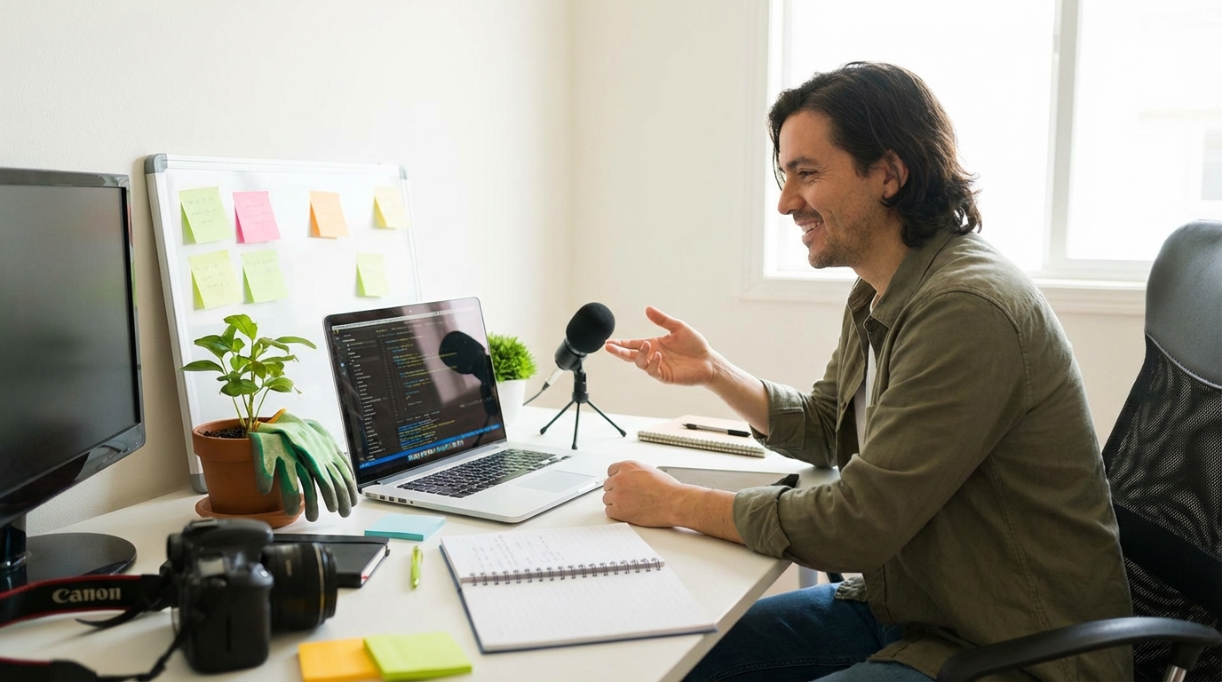Flat lay of diverse professional tools representing a portfolio career