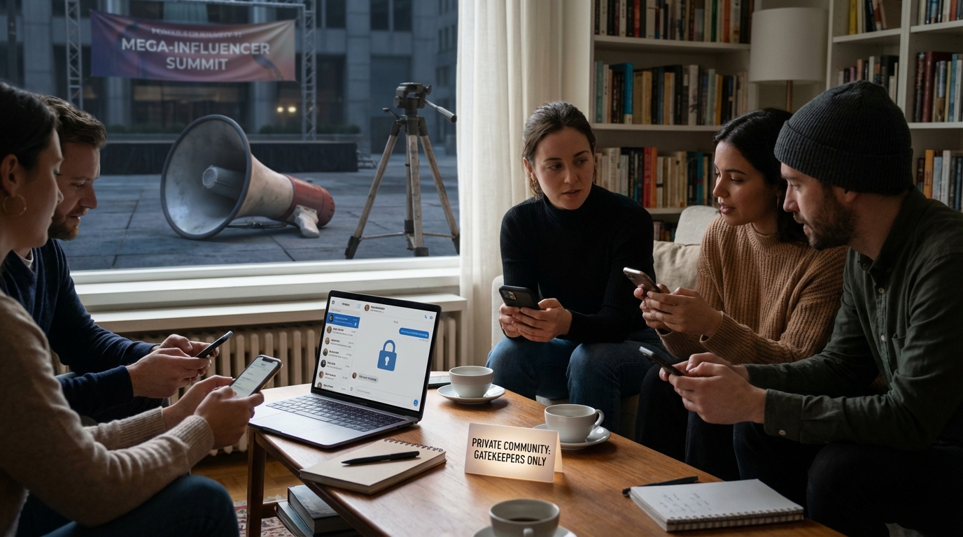 Intimate group conversation inside a cafe with digital chaos outside
