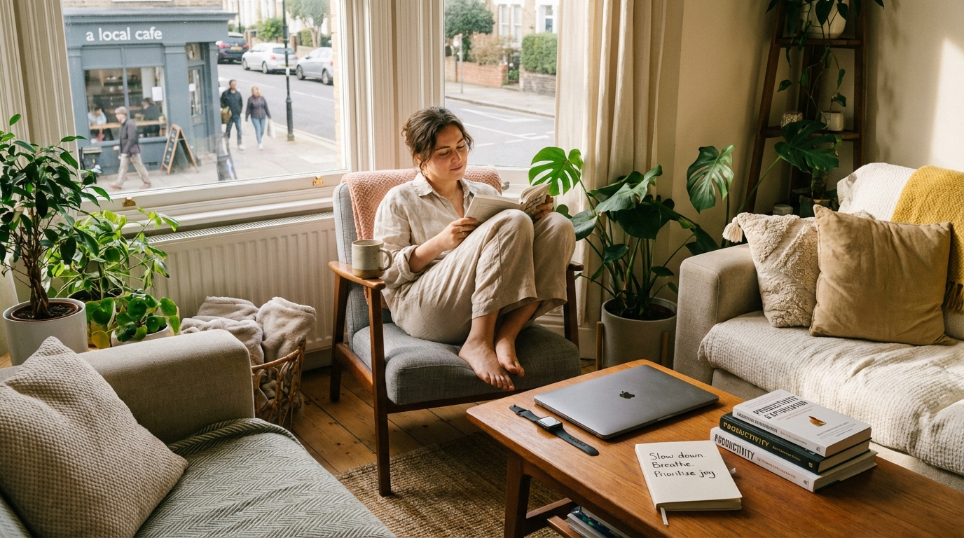 Person relaxing on a porch at sunset distancing themselves from the city hustle