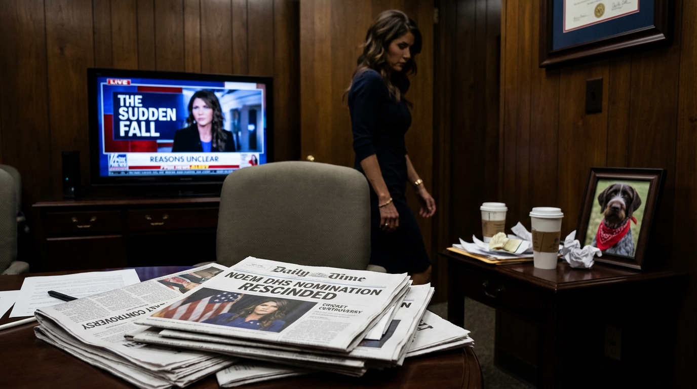 Kristi Noem walking away from reporters looking pensive