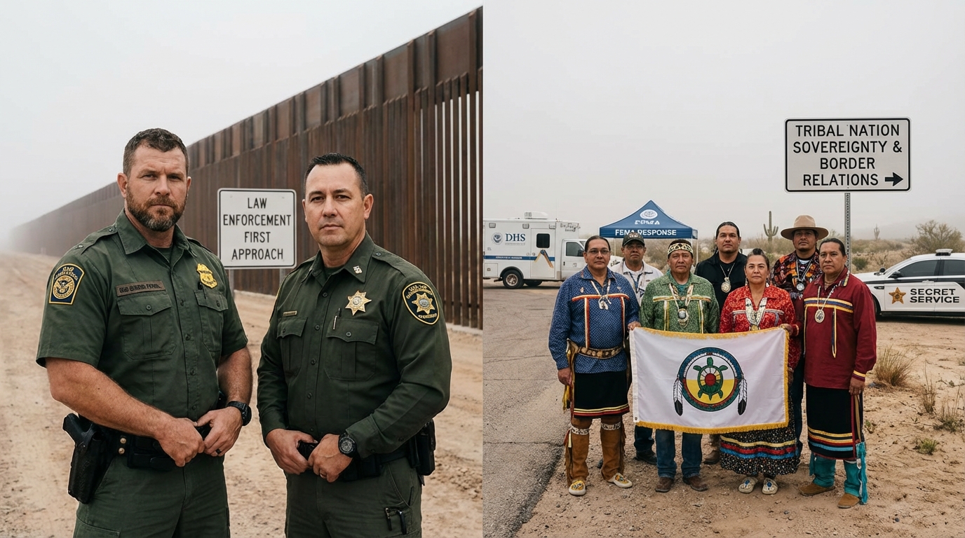 US border wall with patrol vehicles and surveillance drones